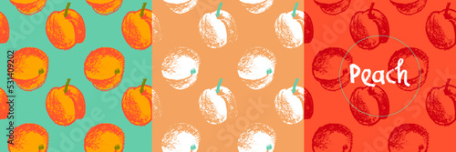 Peach seamless pattern. Vector nectarine wallpaper. Sketch art peach background for organic baby food label, yogurt packaging design, vegan banner, fruity ornament. Apricot backdrop for jam package.