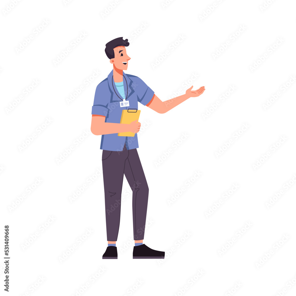 Guide man with badge on uniform and papers in hands pointing and looking in distance. Isolated personage talking and explaining. Flat cartoon character, vector in flat style