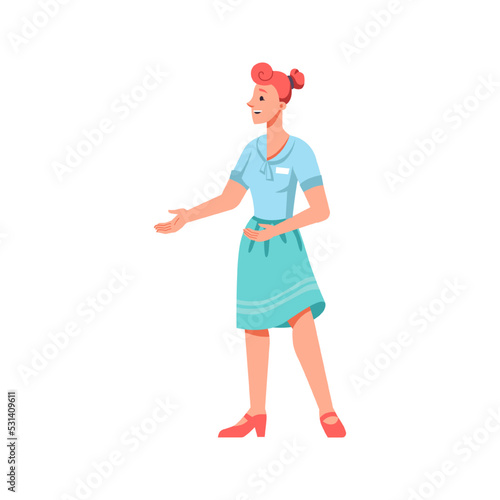 Female character talking or explaining and showing with hands. Woman with badge on uniform pointing and looking aside. Flat cartoon, vector in flat style