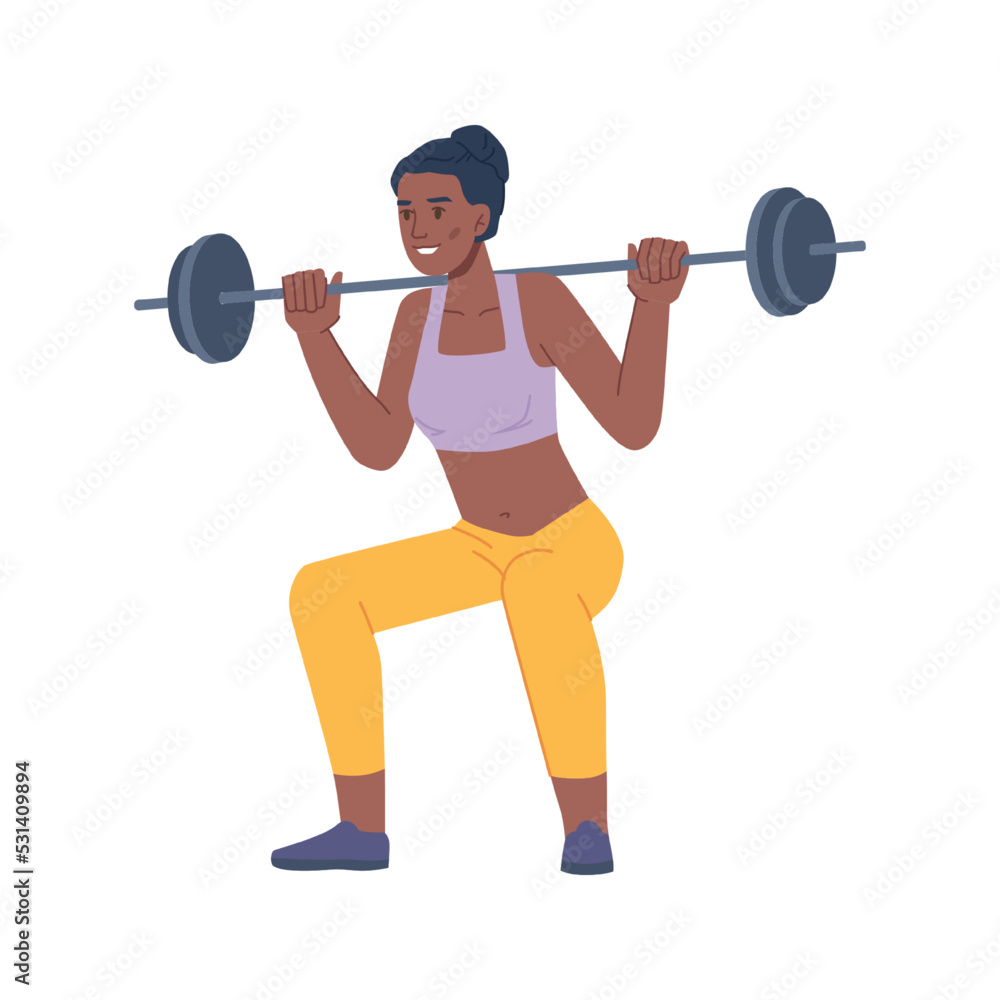 Female personage in gym working out in barbell, isolated woman doing exercises. Keeping fit or losing weight. Flat cartoon character, vector in flat style Female personage in gym working out in barbell, isolated woman doing exercises. Keeping fit or losing weight. Flat cartoon character, vector in flat style