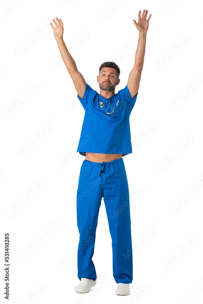 Healthcare worker with raised arms