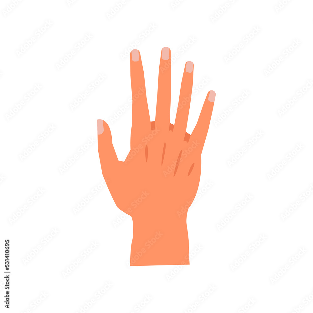 Human palm with fingers, isolated hand gestures. Non verbal communication and signs. Stop or greeting, waving arm during meeting. Vector in flat style Human palm with fingers, isolated hand gestures. Non verbal communication and signs. Stop or greeting, waving arm during meeting. Vector in flat style