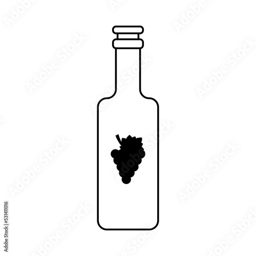 Wine bottle icon.Bunch of grapes.Contour drawing of glassware.