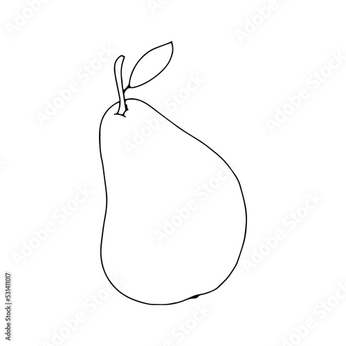 A pear with a leaf drawn in the Doodle style . Contour drawing.Black and white illustration of an Apple. Isolated fruit on a white background.Food for vegans.