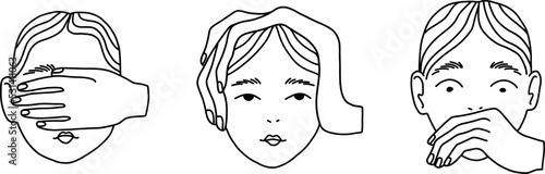 Doodle hands preventing people from seeing, hearing and speaking. Blind, deaf and dumb heads. Vector illustration of women's faces subjected to moral violence.