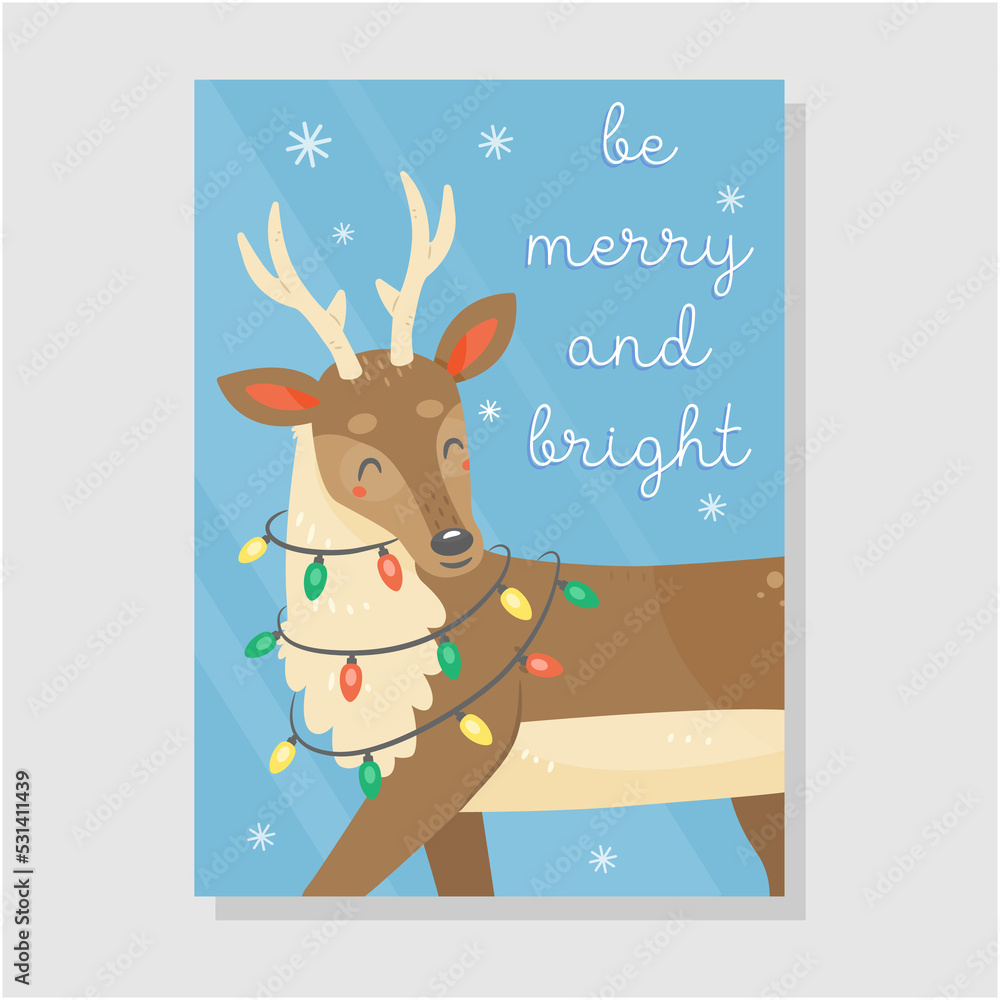 Cute Christmas card with a deer with a garland and the text be merry and bright in cartoon style. Holiday illustration. Cute Christmas card with a deer with a garland and the text be merry and bright in cartoon style. Holiday illustration.