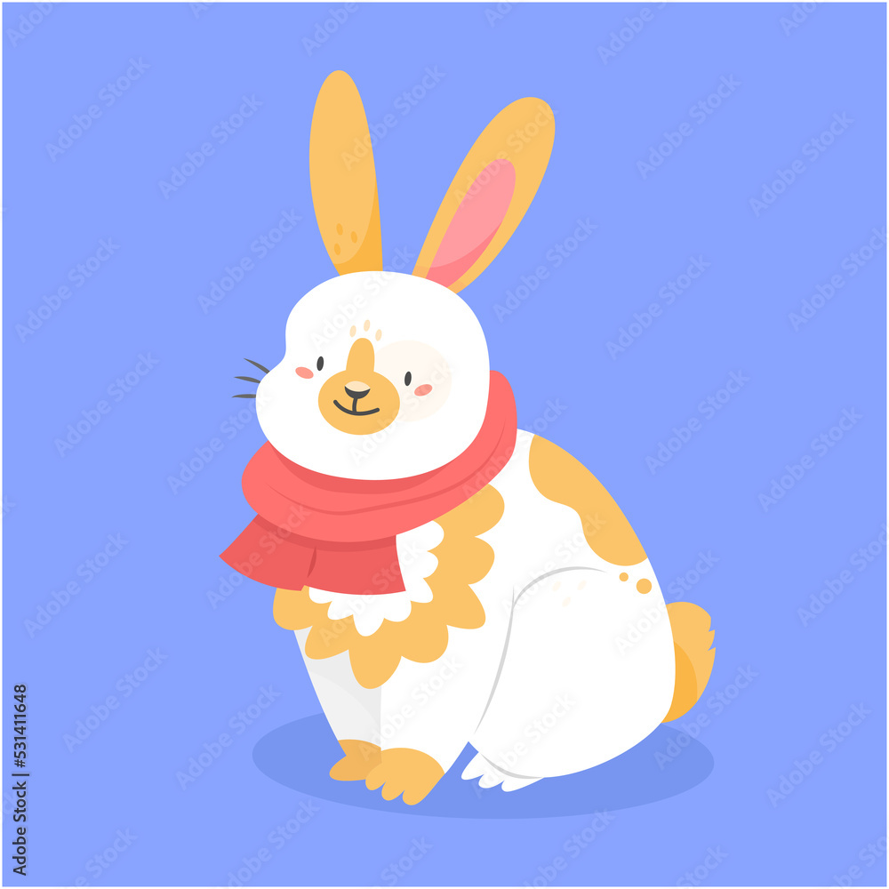 Obraz premium Cute spotted rabbit with red scarf in cartoon style isolated on the background. Christmas illustration. 2023 is the new year of the rabbit.