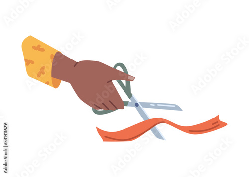 Ceremony of cutting ribbon at opening, isolated hand holding sharp scissors. Grand beginning, shop or store. Special occasion holiday. Vector in flat style