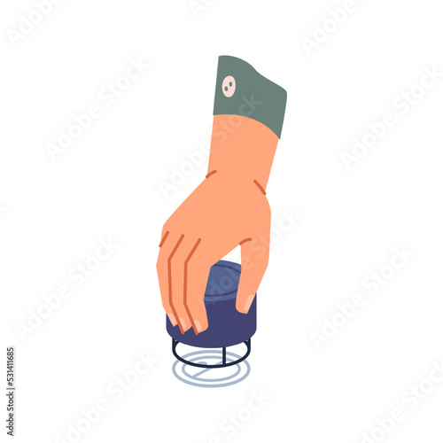 Business person or worker putting stamp, isolated worker dealing and setting agreement. Director impressing pattern or mark, official statement. Vector in flat style