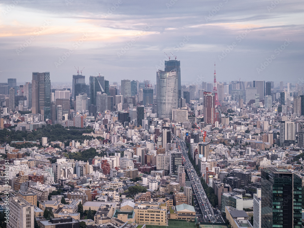 Panoramic sky view of the Tokyo skyline during a warm sunset
