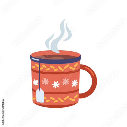 Christmas winter season hot drink, isolated chocolate or cocoa. Cup of tea with teabag and steam. Ornaments on mug with handle. Vector in flat style illustration