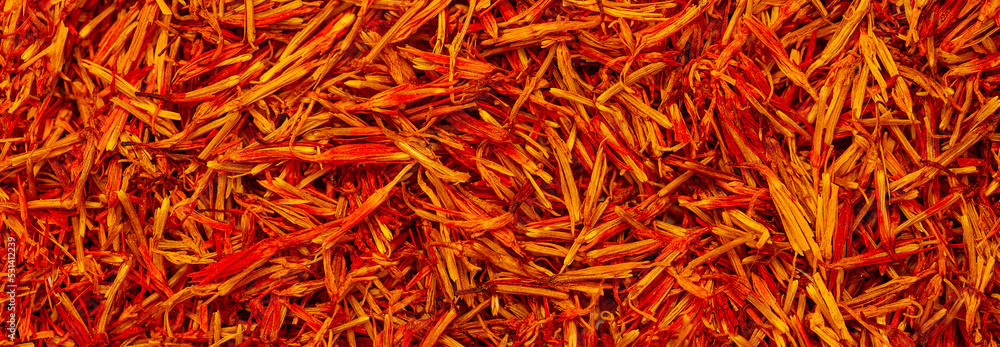 Naklejka premium Saffron spice, pistils and stigmas of a crocus flower close-up, flat lay as a background. Indian and Arabic spices for cooking. Medicinal herbs and spices.