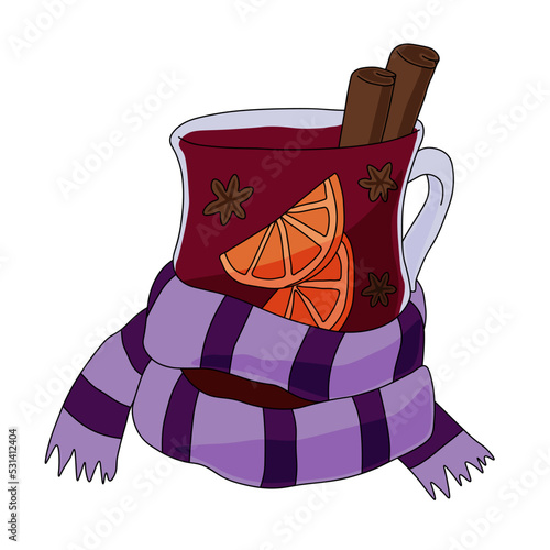 Glass mug in a striped scarf with mulled wine, oranges and cinnamon. Vector illustration on a white background