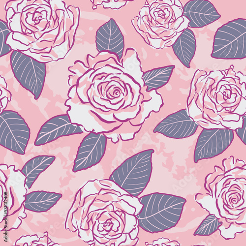 Vector Two tone Pink and white roses on baby pink camouflage textured background. Artistic Floral Seamless pattern design, great for fashion, textiles, background, digital paper and more
