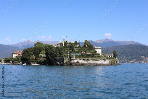 Scenic view of Lake Maggiore and the island of Isola Bella. Beautiful Italian landscape.