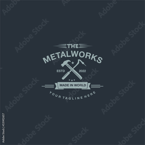Letter M welding logo, welder silhouette working with weld helmet in simple and modern design style
