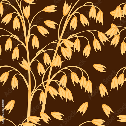 Seamless pattern Oat agriculture plant with ears grain vector illustration on brown background