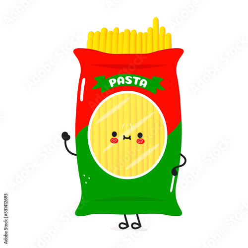 Cute funny spaghetti waving hand character. Vector hand drawn cartoon kawaii character illustration icon. Isolated on white background. Pasta character concept
