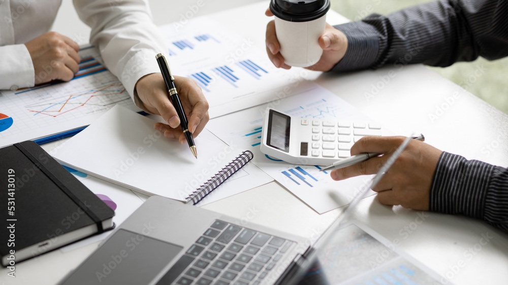 Fototapeta premium Business Marketing Strategy Analysis and Investment Planning. Business adviser meeting to discuss the situation on the financial report. Financial advisor and accounting concept.