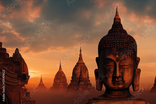 Murais de parede Buddha with temple during sunset