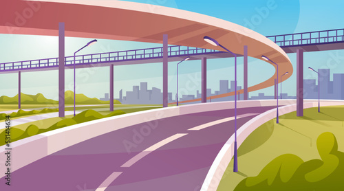Traffic road or communication between cities. Highway with bridge and passage for pedestrians. Lanterns and greenery on sideways. Vector in flat cartoon style