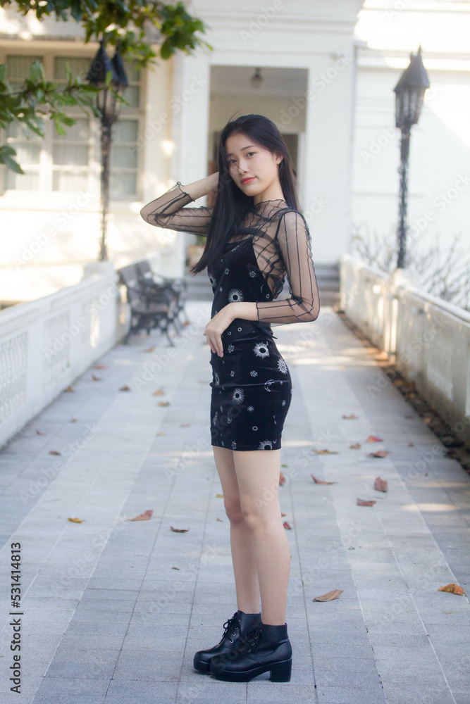 asia thai teen black dress beautiful girl smile and relax