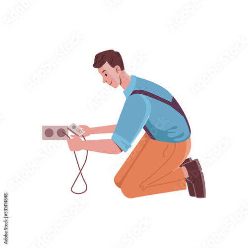 Handyman fixing socket at home, chores and repairs. Isolated male character with instruments wearing uniform doing renovations. Vector in flat cartoon style