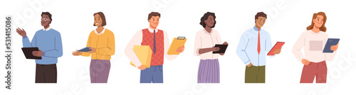 People managing process, isolated managers or business workers with notebooks checking and controlling. Directors or employees. Vector in flat cartoon style