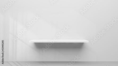 Wallpaper Mural 3D shelf. The empty shelf. White table and wall background. Display shelves realistic 3D render. Torontodigital.ca