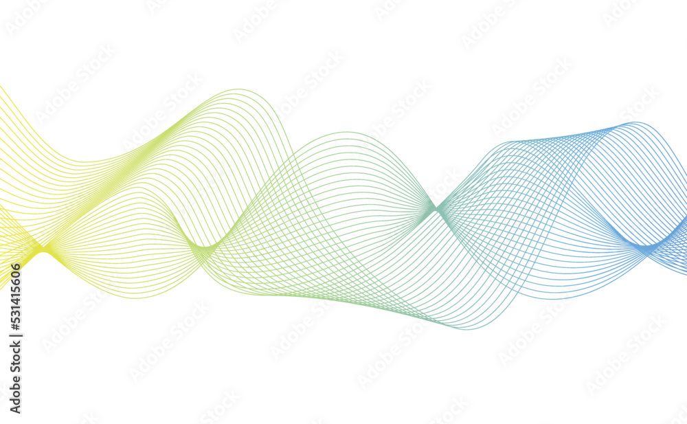 Fototapeta premium Abstract yellow-blue linear wave isolated on a white background. Dynamic sound wave. A wave with lines created with the Blend Tool. Design element. Vector illustration EPS 10