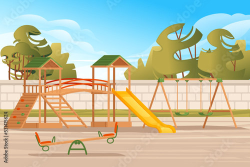 Kids playground in public park with trees and city on background landscape vector illustration