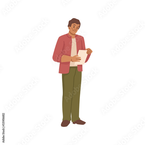 Employee or worker of company or firm holding report or business document in hands. Isolated male character secretary or boss. Vector in flat cartoon style