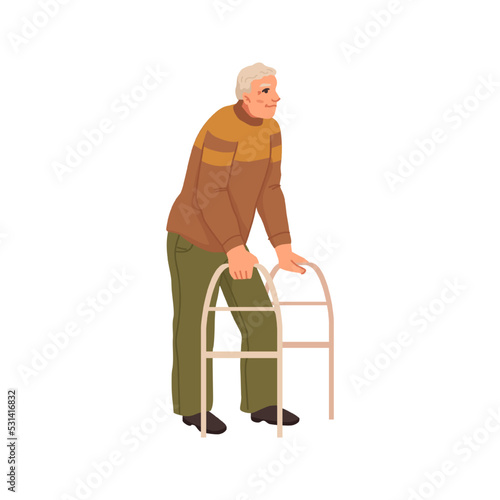 Nursing home character, isolated senior man with walker cane. Personage with health issues getting care from institutions. Vector in flat cartoon style