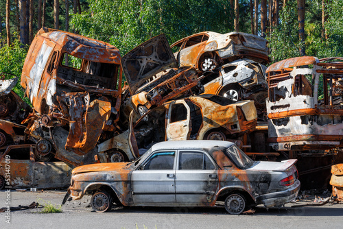 Skeletons of burned cars piled up after the expulsion of Russian invaders near the city of Irpen near Kyiv.