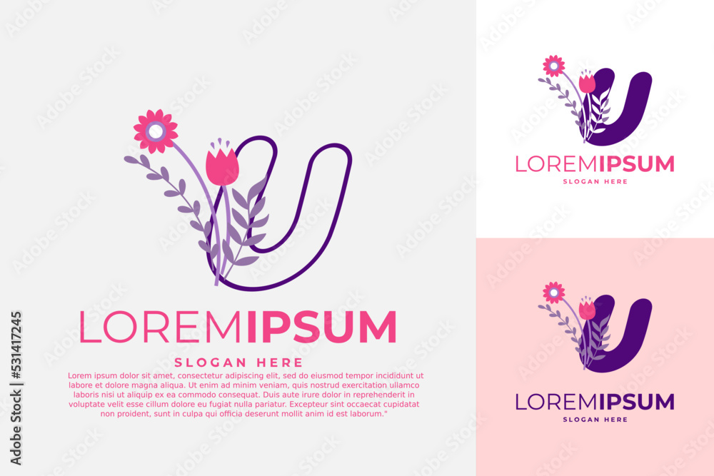 Fototapeta premium letter U logo design vector template illustration with flowers