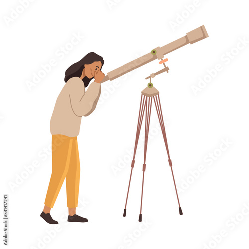 Watching and exploring starry sky and celestial bodies with telescopes. Isolated female character with device for zooming in. Vector in flat cartoon style