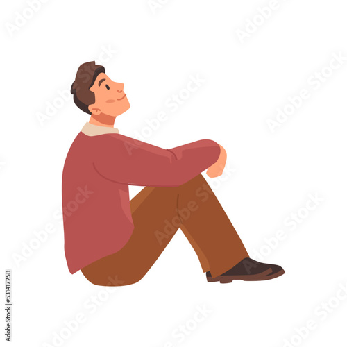 Male character sitting on floor and looking up, exploring starry sky and discovering celestial bodies at night. Watching above. Vector in flat cartoon style