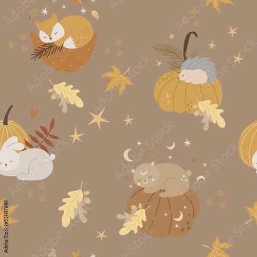 Sleeping animal babies, autumn pumpkins, seamless pattern and digital paper