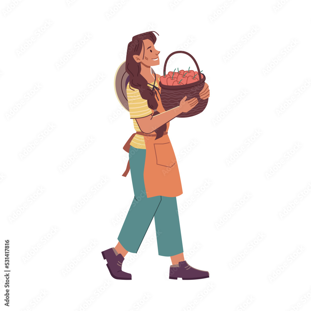 Farmer carrying basket filled with ripe organic and natural apples. Isolated woman, female character in apron harvesting returning from field. Vector in flat cartoon style
