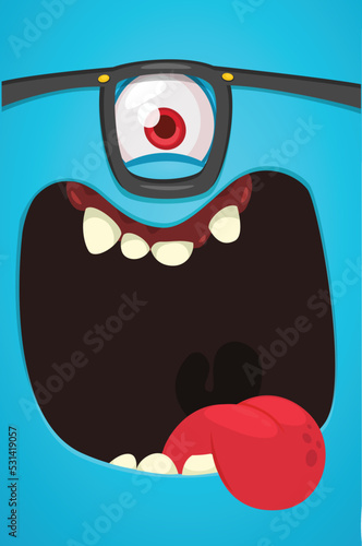 Funny cartoon monster face.  Illustration of cute and happy monster expression. Halloween design. Great for party decoration