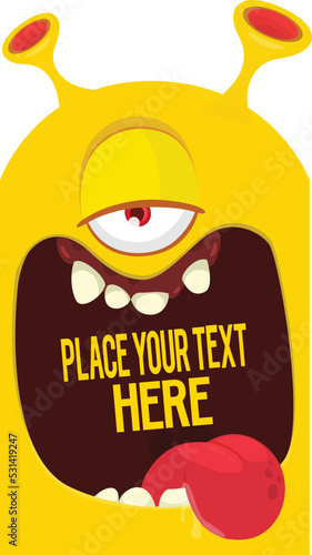 Funny cartoon monster face.  Illustration of cute and happy monster expression. Halloween design. Great for party decoration