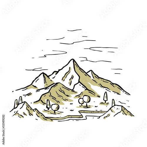 Mountain landscape in engraving style.