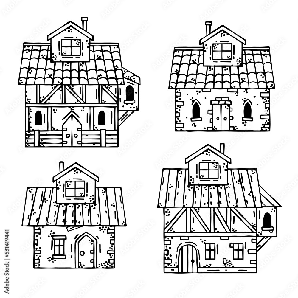Set of European Medieval house. Village building. Old house with chimney.