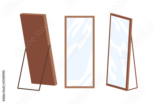 Mirror in full length, isolated changing room accessories and furniture. See reflection of apparel, try in outfit in shop. Vector in flat cartoon style