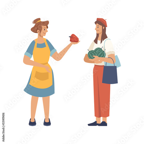 Local agricultural business, isolated farmer selling freshly harvested vegetables to clients. Woman holding pepper and watermelons. Vector in flat cartoon style