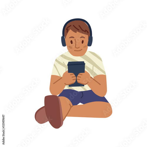 Smartphone addiction of small boy kid. Isolated character playing video games on phone wearing headset, bad habit of child. Vector in flat cartoon style