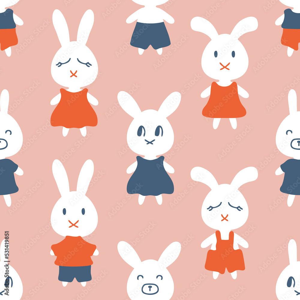 Seamless pattern with white hares in different clothes. Perfect retro print for tee, textile and fabric. Hand drawn vector illustration for decor and design.
