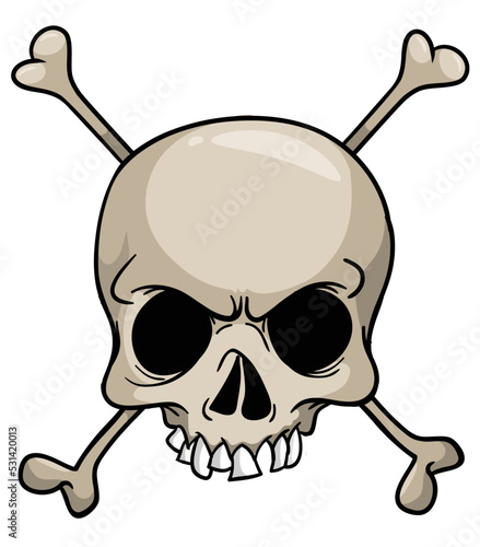 Cartoon skull with crossed bones. Grim reaper character. Halloween skeleton design for party invitation, poster, logo or icon. Vector skull face illustration
