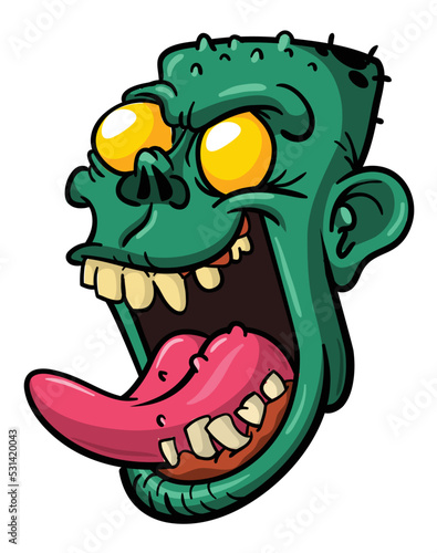 Cartoon funny green zombie character design with scary face expression. Halloween vector illustration isolated on white. Party poster or package design