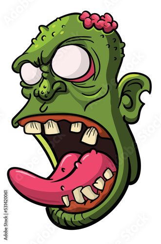 Cartoon funny green zombie character design with scary face expression. Halloween vector illustration isolated on white. Party poster or package design